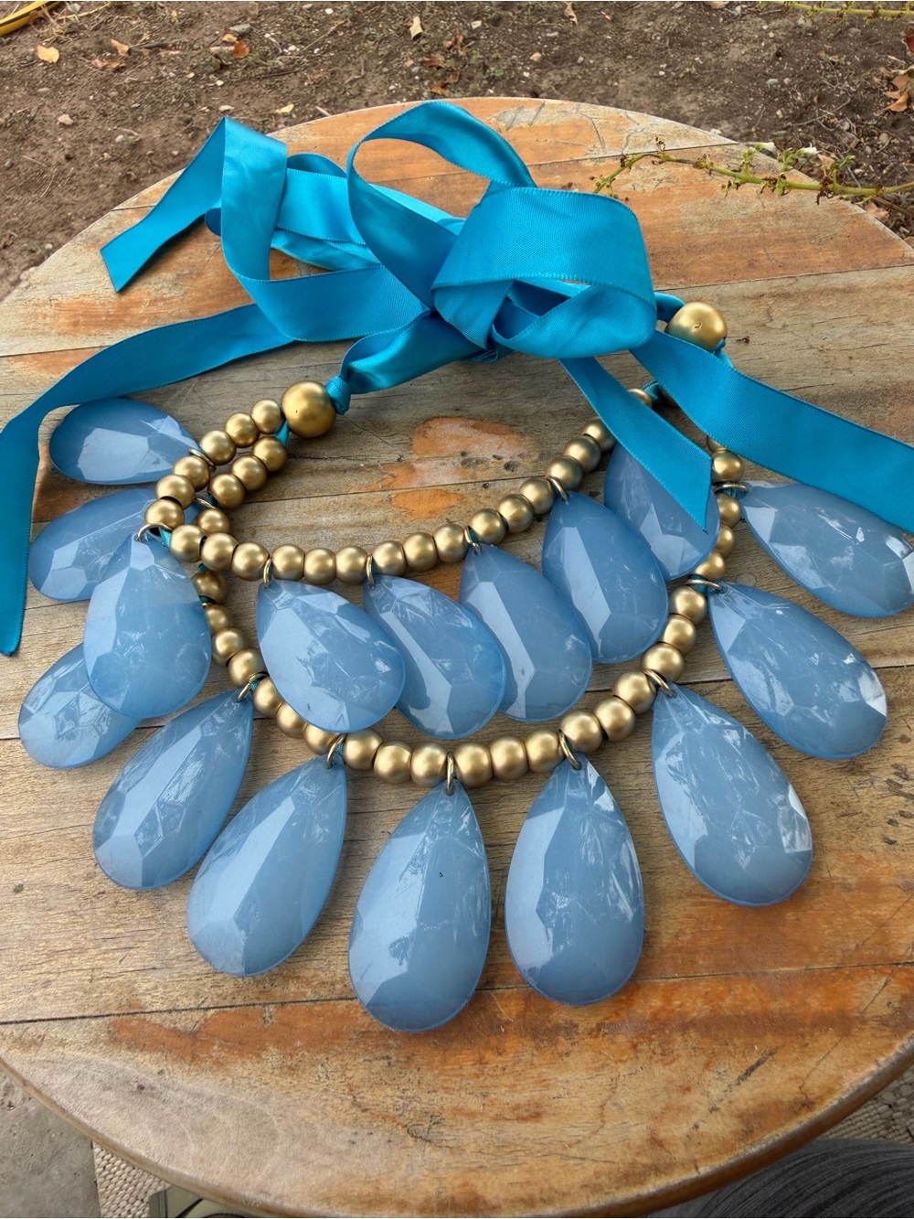Oversized Blue Teardrop Statement Necklace | Gold Beaded Bib Necklace